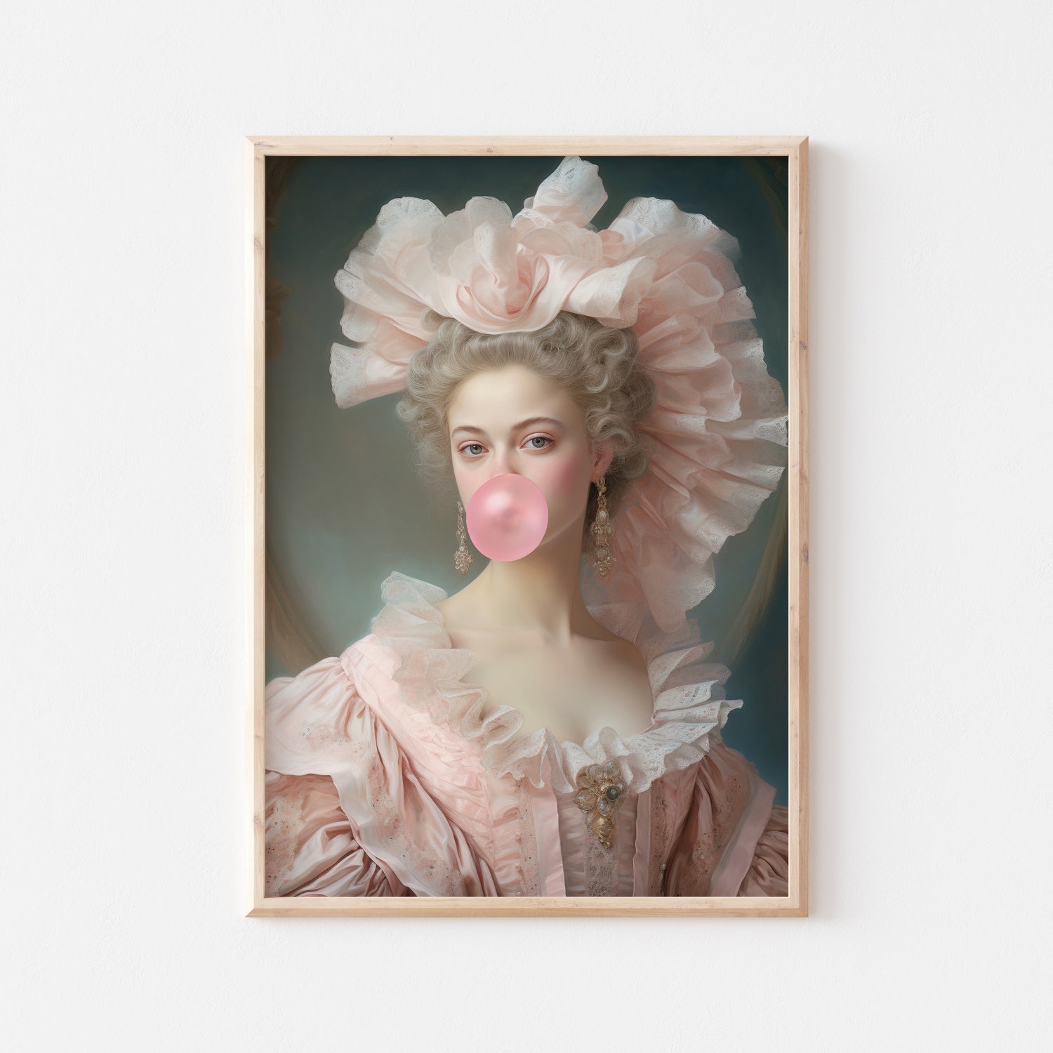 Renaissance woman in pastel pink, blowing a bubble gum